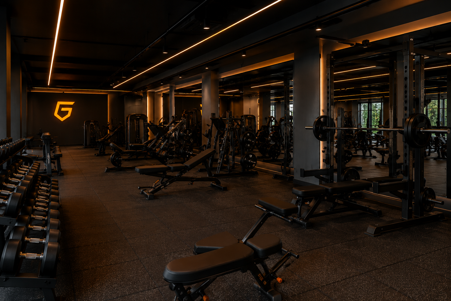 Área com equipamentos em geral da Gym Brasil