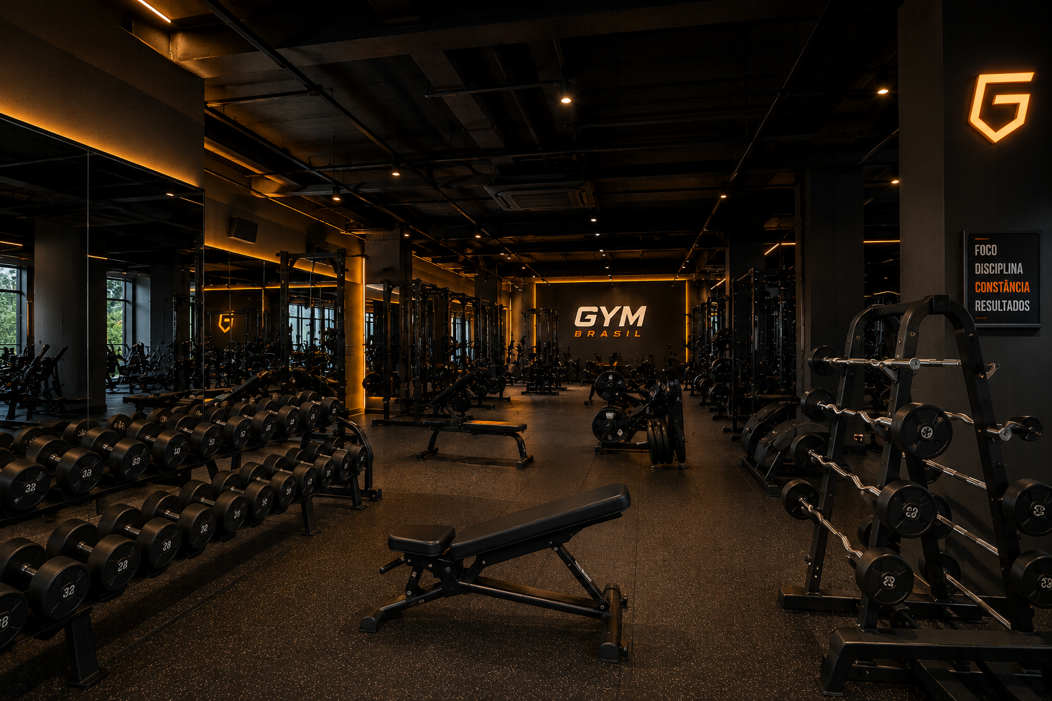 Área de pesos livres da Gym Brasil